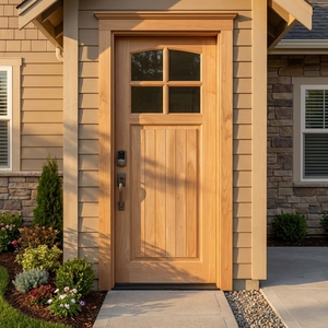 Porte d'entrée en bois massif avec vitre à 4 panneaux arquée, lattes verticales et serrure intelligente, style artisanat américain - Product Image 5