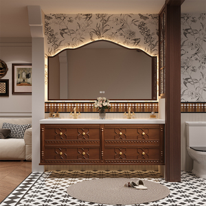 Ensemble de meubles de salle de bain en bois de chêne de style médiéval, résistant à l'eau, avec <span class=keywords><strong>double</strong></span> <span class=keywords><strong>vasque</strong></span>, meuble-lavabo pour hall, hôtel, luxe haut de gamme - Product Image 2