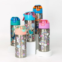Frasco de vacío con estampado de dibujos animados para niños, termo aislado, botella de agua de acero inoxidable con pajita