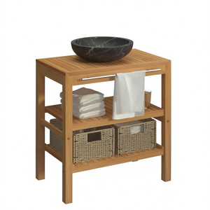 Meuble de salle de bain en teck massif avec vasque en marbre noir, design moderne, style contemporain, finition claire, sur pied - Product Image 1