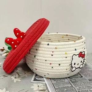 Panier de rangement en corde de coton avec couvercle, décor nœud papillon, boîte de rangement cosmétique, adorable boîte de rangement de bureau pour articles divers, motif dessin animé - Product Image 1