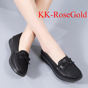 Chaussures en cuir véritable pour femme, style printemps-automne, nouvelle collection, plates, polyvalentes, à semelle souple, bouche peu profonde, chaussures pour maman - Product Image 3