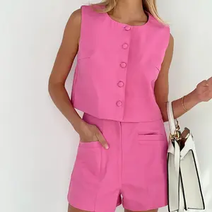 Ladies Fashion Clothes Womens Pink Sleeveless Top Pant Suits Two Piece Sets For Work Summer Shorts 2 Piece Set Women Polyester