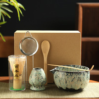 Ensemble de thé de luxe en céramique émaillée avec Chawan, support pour fouet en bambou Chasen, cuillère Chashaku, tamis en acier inoxydable et spatule à 100 dents