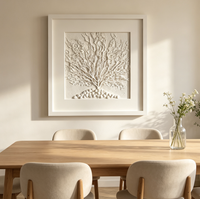 Peinture 3D en grès faite à la main, art mural en relief d'arbre blanc avec base en galets, cadre en boîte à ombre, décoration intérieure