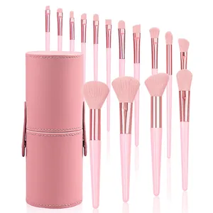 Nouvel ensemble de 15 pinceaux de maquillage roses 2025 avec support de rangement, poils doux pour fond de teint, fard à joues, fard à paupières, maquillage quotidien et de voyage - Product Image 1