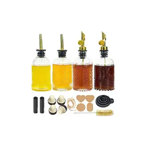 Kahve şurubu dağıtıcı şişeler Set 4 adet 7oz/200ml Metal dekantör şişe ağzı çeşniler zeytinyağı şişesi etiket huni mantar fırça ile