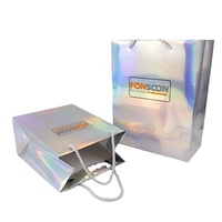 Sacs cadeaux en papier couleur laser holographique personnalisés avec poignées, sacs en papier recyclé avec logo imprimé