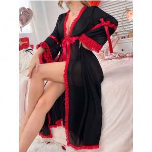 XX110 Lencería Sexy de Encaje para Mujer, Camisón Elegante Largo, Bata de Novia, Kimono Erótico de Malla para Boda, Verano y Otoño - Product Image 5