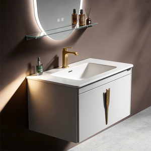 Ensemble <span class=keywords><strong>de</strong></span> meubles <span class=keywords><strong>de</strong></span> salle <span class=keywords><strong>de</strong></span> bain contemporains avec miroir décoratif élégant doté d'un éclairage à fonction mémoire et d'un étagère <span class=keywords><strong>de</strong></span> présentation - Product Image 4