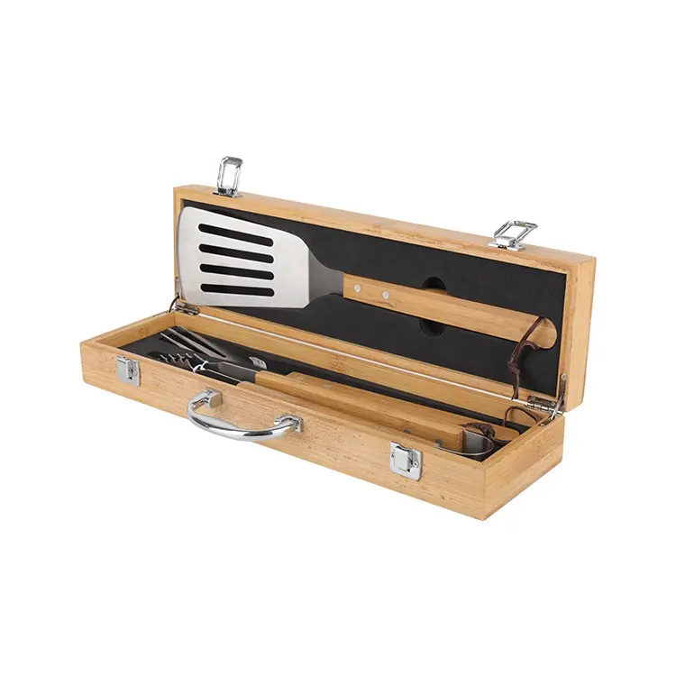 Produk baru 3 buah Set Aksesori panggang barbekyu luar ruangan portabel Set alat BBQ dengan kotak pegangan kayu