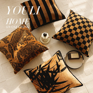 Fodera per cuscino quadrato antico retrò con motivo pied-de-poule in tela marrone per divano, camera da letto, schienale - Product Image 2