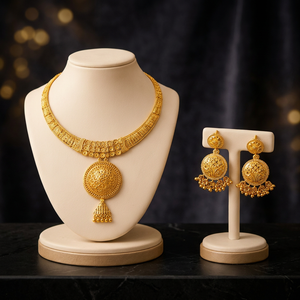 Parure de bijoux tendance pour femme en or massif 22 carats, motif floral, collier à pampilles classique et boucles d'oreilles, haute qualité, pour mariage, Chine - Product Image 3