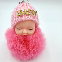 Porte-clés pompon en fourrure de lapin pour bébés, poupée pour dormir, accessoire de voiture, moelleux, cadeau, breloque