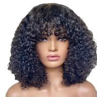 Perruques courtes bouclées afro kinky en cheveux humains pour perruque Lace Front avec frange, brun foncé, dentelle, pas cher, brésilien, bouclé, noir