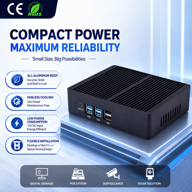 Reliable Aluminum Fanless Mini Computer Intel Core PC with 8 USB Ports Wake on LAN RTC Power on for Industrial Control