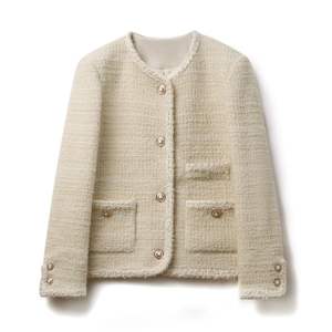 Nuovi arrivi autunno <span class=keywords><strong>Beige</strong></span> <span class=keywords><strong>cappotto</strong></span> tessuto Tweed con fodera giacche top donna Blazer tempo libero due tasche <span class=keywords><strong>cappotto</strong></span> <span class=keywords><strong>corto</strong></span> donna - Product Image 1
