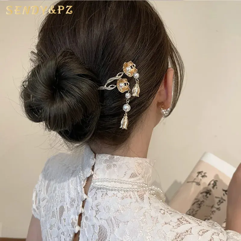 New Design Flower Metal Pearl Hair clip Sticks Women Fashion Simple Modern Hairpin Chinese Campanula Orchid Tassels Headwear