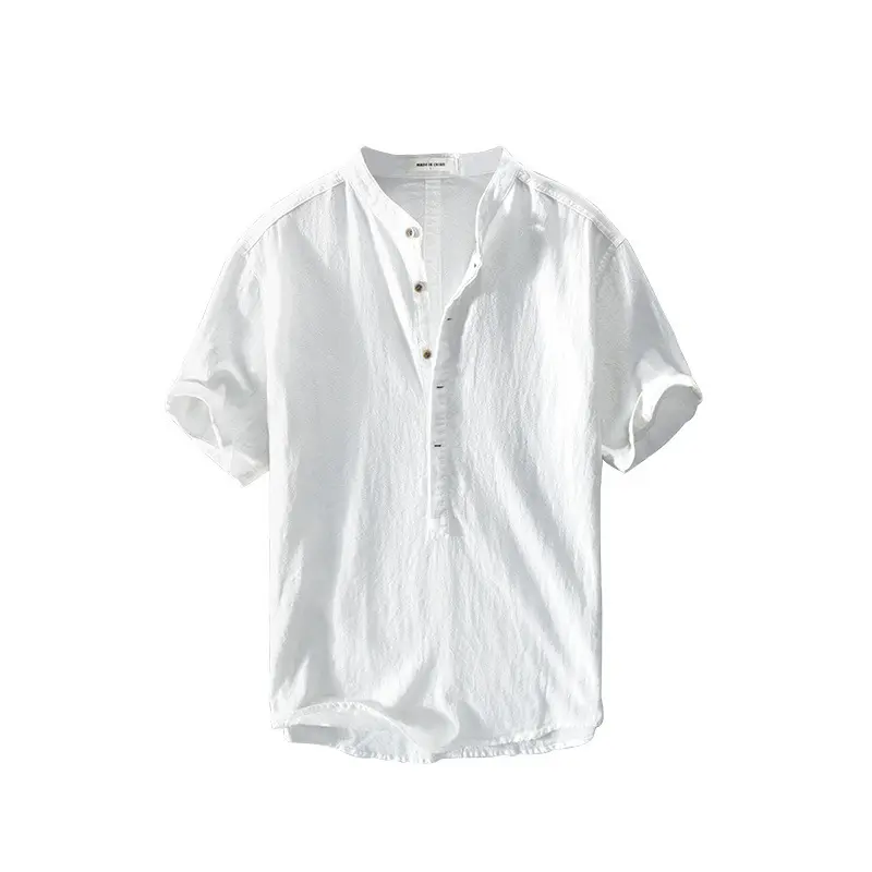 Chinese factory provide stylish casual hemp shirts for men stand collar short sleeve hemp shirts
