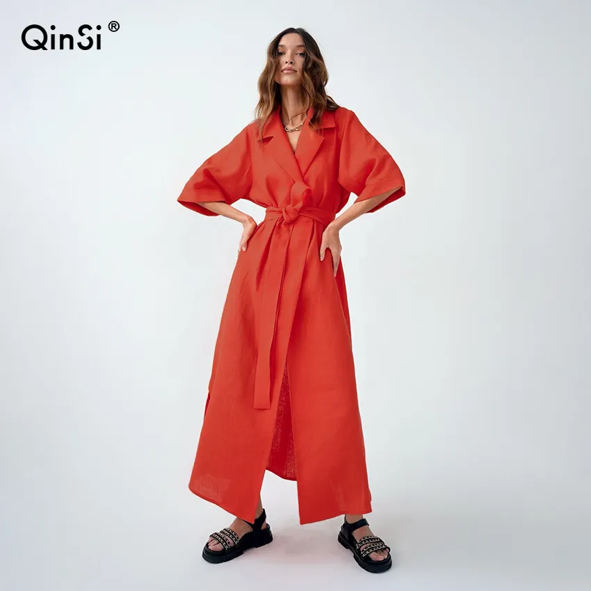 QINSI Women Casual Loose Half Sleeve Cotton Linen Office Blazers Dress Summer Wrap Long Dresses Elegant Lace Up Robe Dress