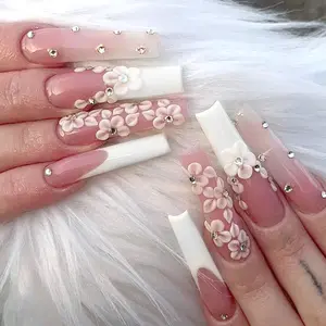 Press On Nails Luxury Long Coffin Ballerina Diamond 3D Glitter French Nails Wholesale Acrylic Artificial Fingernails