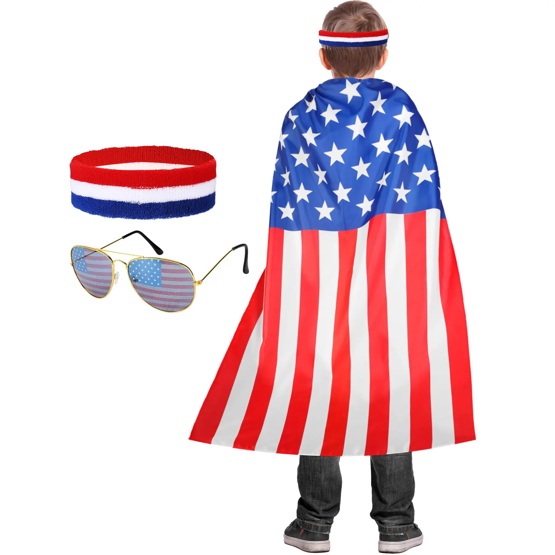 4e Van July Kids American Country Wearable Flag Cape Usa Outfits Zonnebril Kleur Hoofdband Set Patriottische Accessoires Kostuum