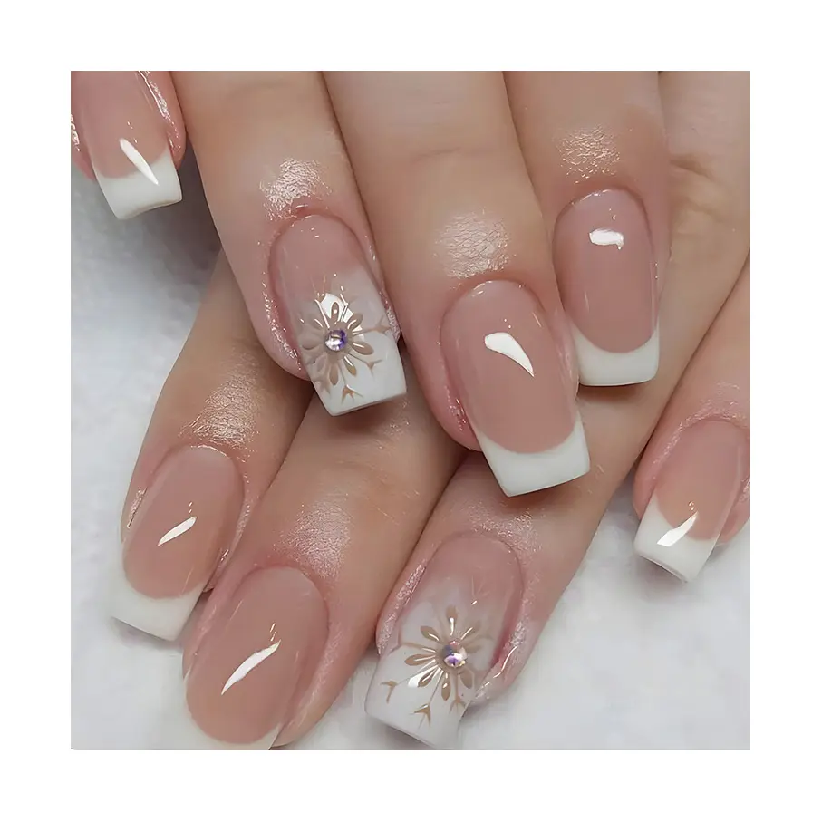 NA0784 24pcs French False Nails with Designs Diamond Press On Square Nail Wearable Nude Fake Nails Full Cover Tips