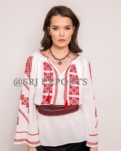 Women's White Cotton Embroidered Blouse Balloon Sleeve V-Neck Casual Quick Dry Short Spring Summer Wear - Product Image 2