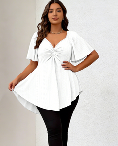 Chemisier Peplum Femme Grande Taille Blanc à Motif 3D, Col en V, Nœud Décontracté, Manches Courtes à Volants et Torsion sur le Devant - Product Image 1