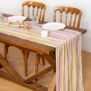 Chemin de table rustique bohème en gaze de coton rayée de 120 pouces pour Pâques, mariages, fêtes, baby showers, mariages nuptiaux et décorations de fêtes - Product Image 2