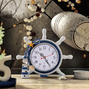 Horloge de bureau en forme de roue de bateau nautique avec décoration phare et coquillages, mouvement à quartz, fonctionne à piles, style côtier - Product Image 3