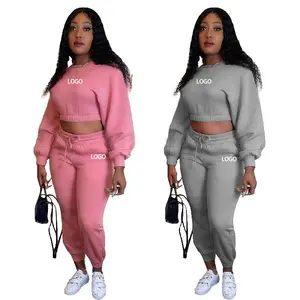 Winter activewear Thick Womens Jogging 2 Two Piece Crop Top Pants Set for Women Sweat suit Tracksuits Sweatsuit fitness Set