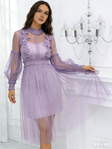 Robe d'été Joyinspring style français naturel, col rond, dentelle, manches lanternes, coupe trapèze, longueur genou - Product Image 5