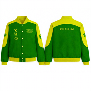 เสื้อแจ็คเก็ตผ้าทวิลล์คอตตอนสไตล์นักแข่งของชมรมชีเอต้าฟี พร้อมโลโก้แบบกำหนดเอง เสื้อผ้าสไตล์กรีก คอตั้ง และเสื้อแจ็คเก็ตนักแข่งแบบคัลเลอร์บล็อก - Product Image 1