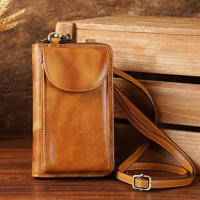 2022 New Arrive Custom Genuine Cow Leather Wallet Purse Mini Shoulder Men Women Bag Crossbody Mobile Cell Phone Bag for Women