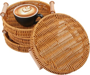 Bandeja Redonda de Ratán, Cesta Redonda Tejida con Asas, Cestas Decorativas de Mimbre, Bandejas para Servir, Duraderas y Fáciles de Limpiar - Product Image 1