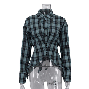 Chemise à carreaux boutonnée à manches longues en polyester et coton avec ceinture au dos pour <span class=keywords><strong>femme</strong></span>, collection Printemps 2026, tendance mode - Product Image 3
