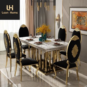 <span class=keywords><strong>Table</strong></span> à manger en marbre en acier inoxydable doré 6 chaises Ensemble <span class=keywords><strong>de</strong></span> <span class=keywords><strong>table</strong></span> à manger rectangulaire moderne <span class=keywords><strong>de</strong></span> luxe en marbre - Product Image 1