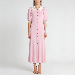 Abito Lungo Elegante da Donna in Maglia a Maniche Corte con Colletto a Risvolto e Bottoni, Collezione Primavera Estate 2026 - Product Image 1