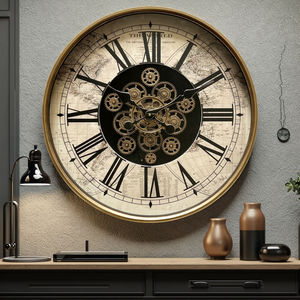 Horloge murale industrielle mécanique de luxe de 24 pouces à aiguilles mobiles, avec engrenages apparents, carte du monde <span class=keywords><strong>vintage</strong></span>, pour décoration de salon - Product Image 3