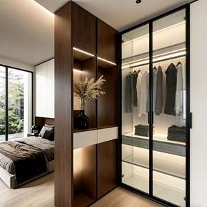 Armario Minimalista de Madera de 6 Puertas con Cristal Blanco para Dormitorio, con Estantes Abiertos, Ideal para Apartamentos y Casas Pequeñas - Product Image 5