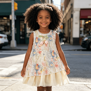 Abito da ragazza con stampa floreale e finiture in pizzo, senza maniche, con fiocco, decorazione a tulipano, doppio strato, casual, <span class=keywords><strong>per</strong></span> le vacanze estive - Product Image 5