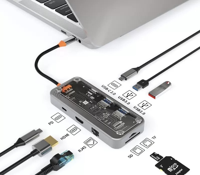 USB-C Hub 10-in-1 Docking Station with for 2.1 USB3.0*3 SD/MicroSD Ethernet RJ45 VGA Audio 3.5mm-in Stock