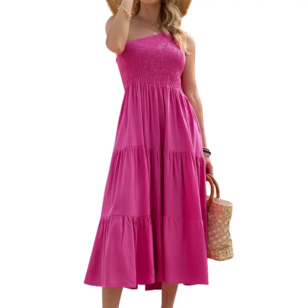 2023 Fashion Women Girl Floral Summer Dress One Shoulder Sleeveless Ruffle Hem Tiered Flowy Boho Maxi Solid Casual Plus Size