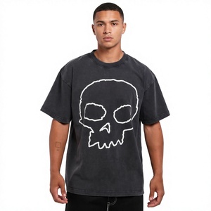 Camiseta Larga de Algodón 100% con Estampado de Calaveras, Estilo Vintage, Lavado Ácido, para Hombre, Ecológica, 240 GSM, con Hombros Caídos - Product Image 1