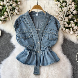 <span class=keywords><strong>Gilet</strong></span> en jean pour <span class=keywords><strong>femme</strong></span>, style décontracté, orné de perles, <span class=keywords><strong>sans</strong></span> manches, haut de gamme, pour le printemps - Product Image 1