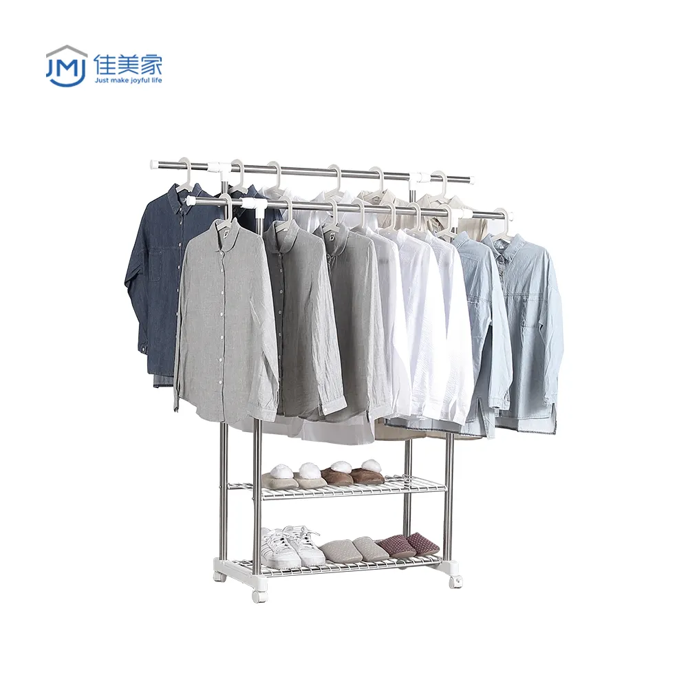 2021 Adjustable Double-rod 2 tiers Clothes Drying Stand with Wheels Clothes Drying Rack