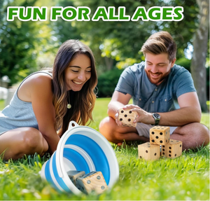 Jeu de dés géants <span class=keywords><strong>en</strong></span> <span class=keywords><strong>bois</strong></span> de 3,5 pouces pour événements de barbecue, jeux de jardin et jeux de pelouse, incluant 6 dés, un seau pliable et des cartes de scores - Product Image 5