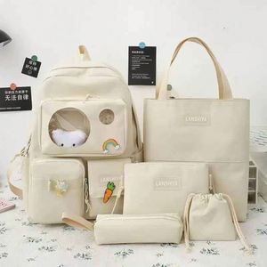 <b>Backpack</b> School 2024 <b>Canvas</b> Waterproof Solid Color Five-Piece Schoolbag Fresh Sweet Bear Large-Capacity <b>Backpack</b> - Product Image 5