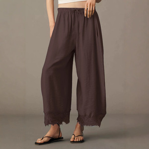 Nouveau design 2026 – <span class=keywords><strong>Pantalon</strong></span> palazzo large pour <span class=keywords><strong>femme</strong></span> avec ourlet en dentelle, coupe décontractée et <span class=keywords><strong>taille</strong></span> élastique pour l'été - Product Image 1